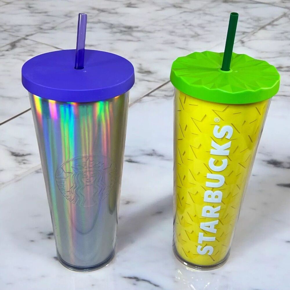 Lot of 2 Starbucks Venti Tumblers 24oz Cold Cups Yellow Pineapple & Iridescent